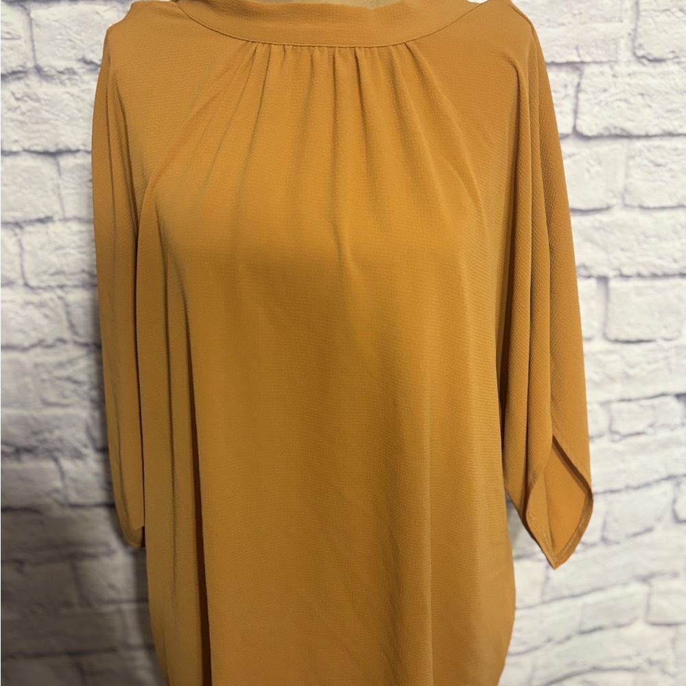 Shein Mustard Bow Back Blouse XL Flowy Top Gathered Neck Draped Sleeves Fall